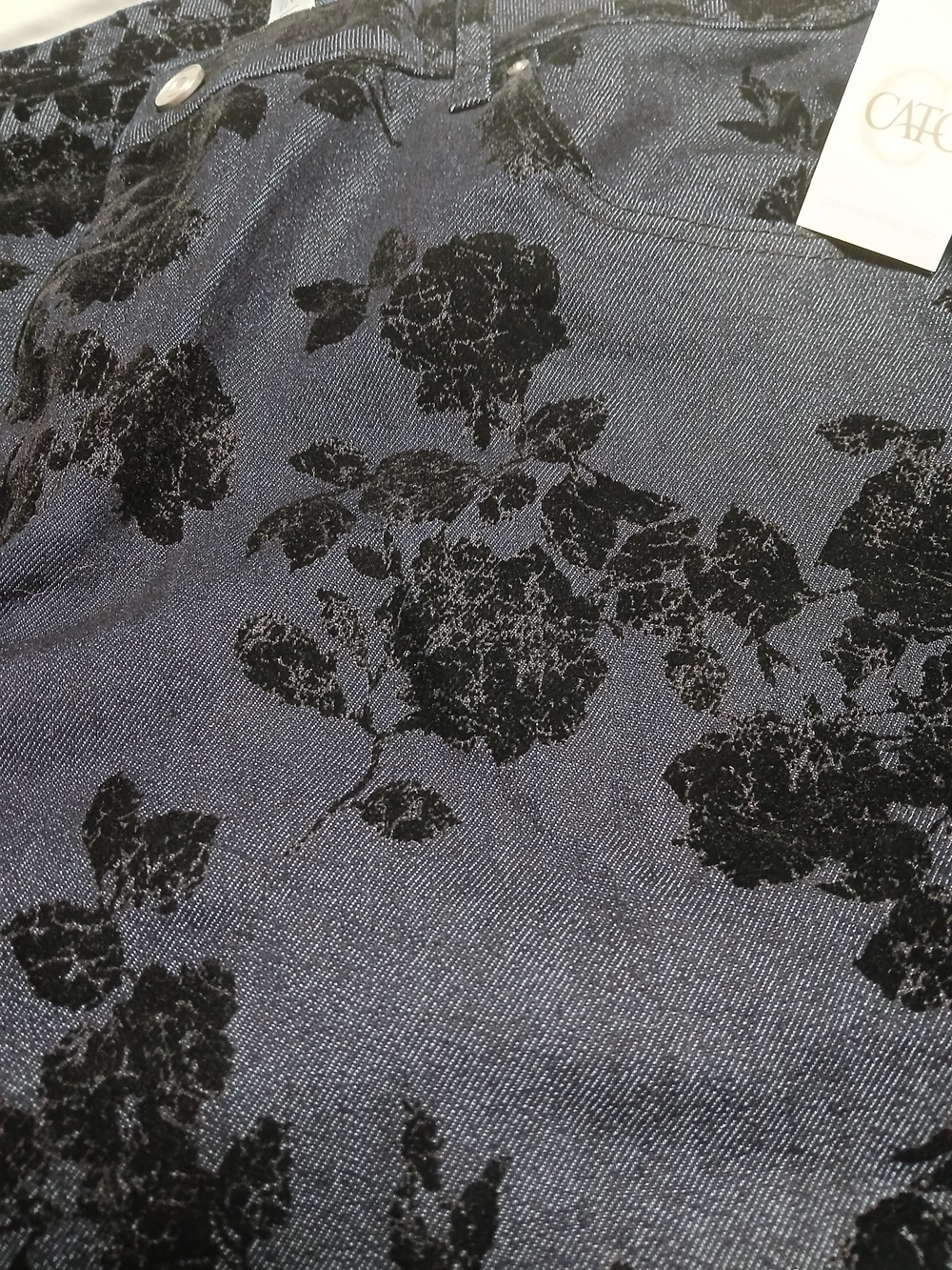 Velvet Floral Burnout Denim Jeans - Black on Dark Blue, Y2k, Fairy, Whimsy